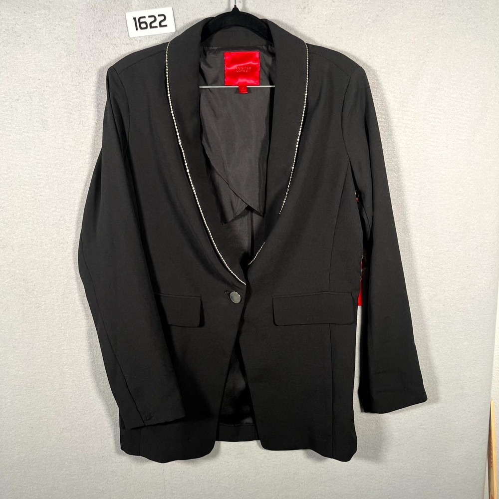 Jennifer Lopez Caviar‎ Trim Blazer Jacket Womens Medium Black Embellished Formal